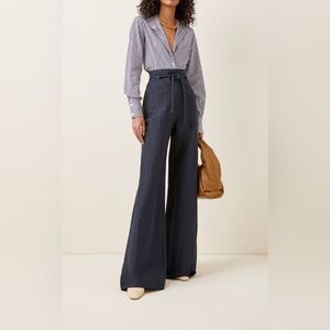 Martin Grant Linen High-Waist Wide Leg Navy Blue Pants Made in Paris w Pockets
